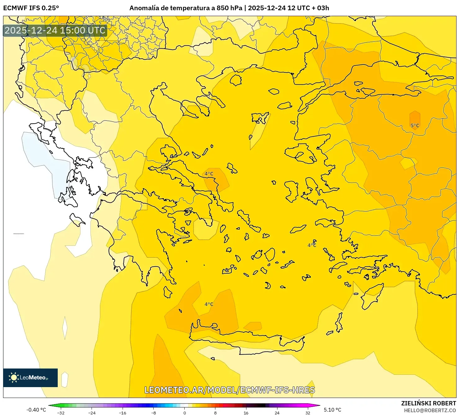 ECMWF IFS 0.25° model - Grecja, Anomalia temperatury na 850 hPa