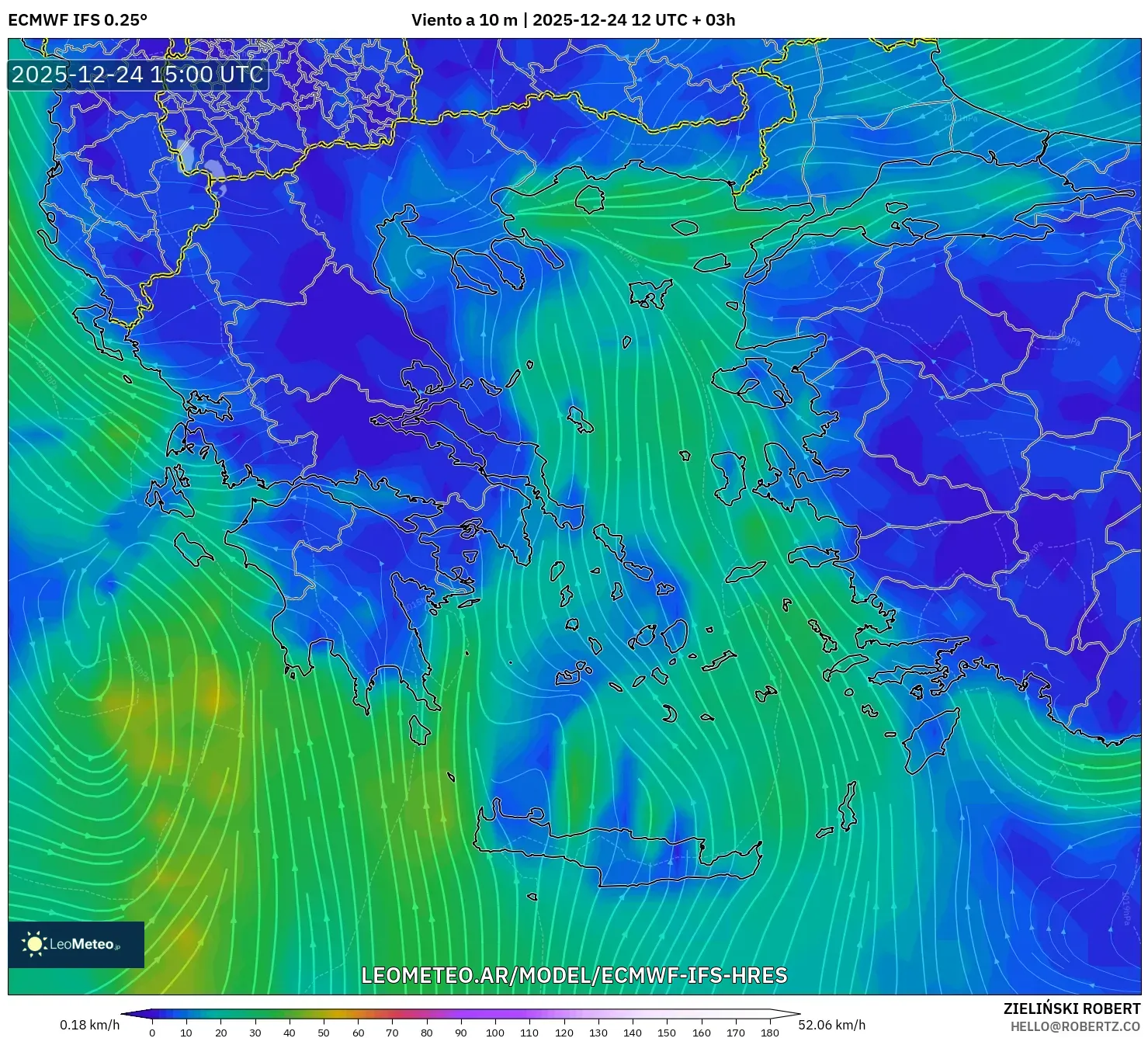 ECMWF IFS 0.25° model - Grecja, Wiatr na 10 m
