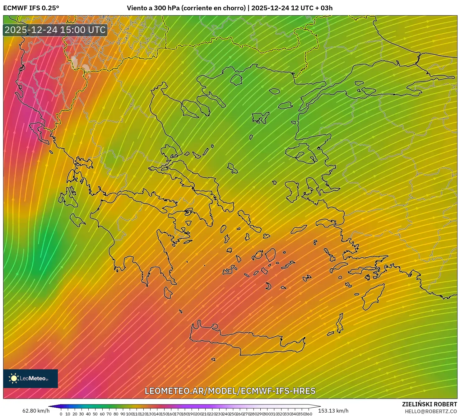 ECMWF IFS 0.25° model - Grecja, Wiatr na 300 hPa (prąd strumieniowy)