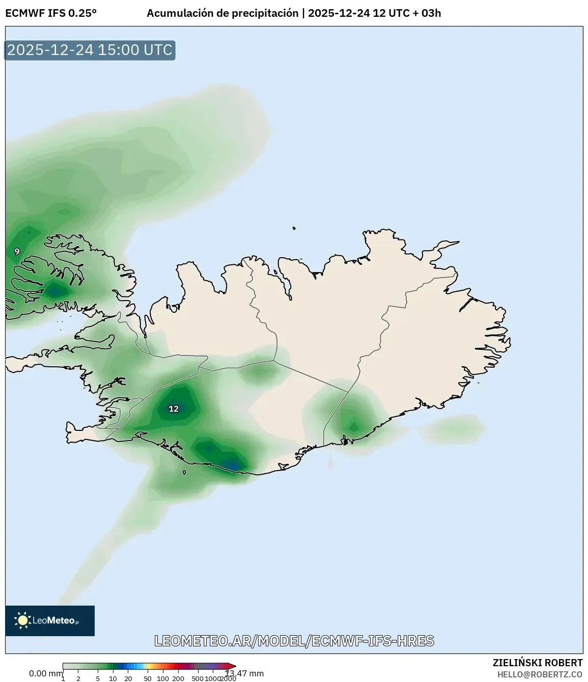 ECMWF IFS 0.25° model - Islandia, Suma opadów