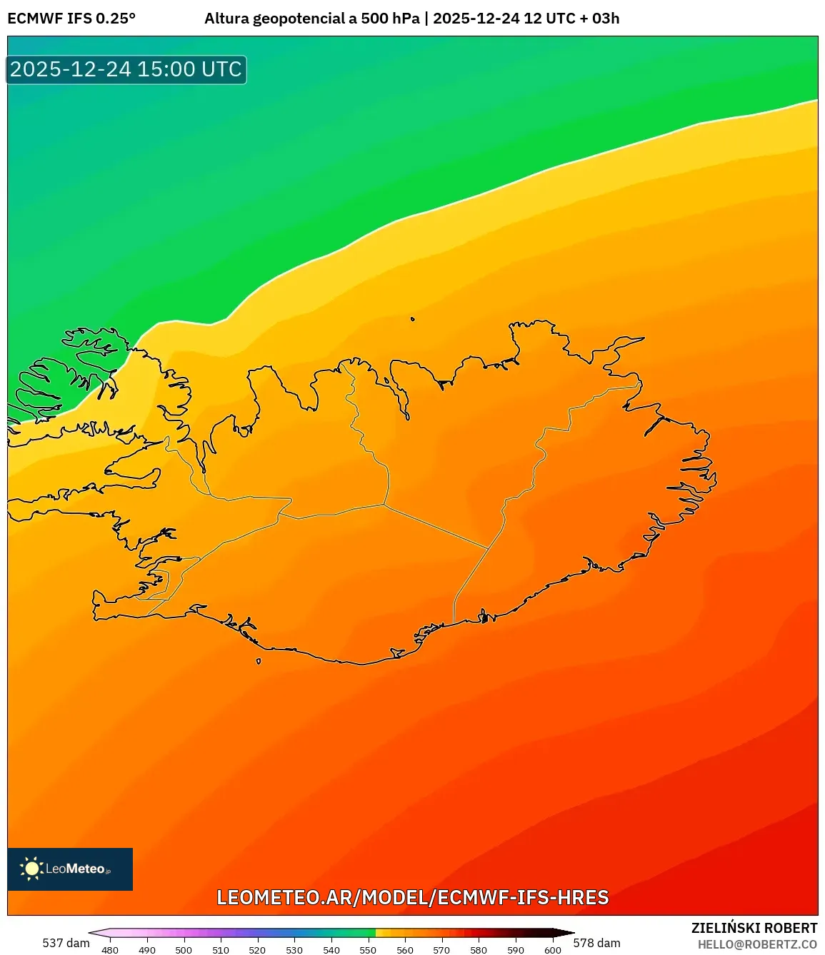 ECMWF IFS 0.25° model - Islandia, Wysokość geopotencjalna na poziomie 500 hPa