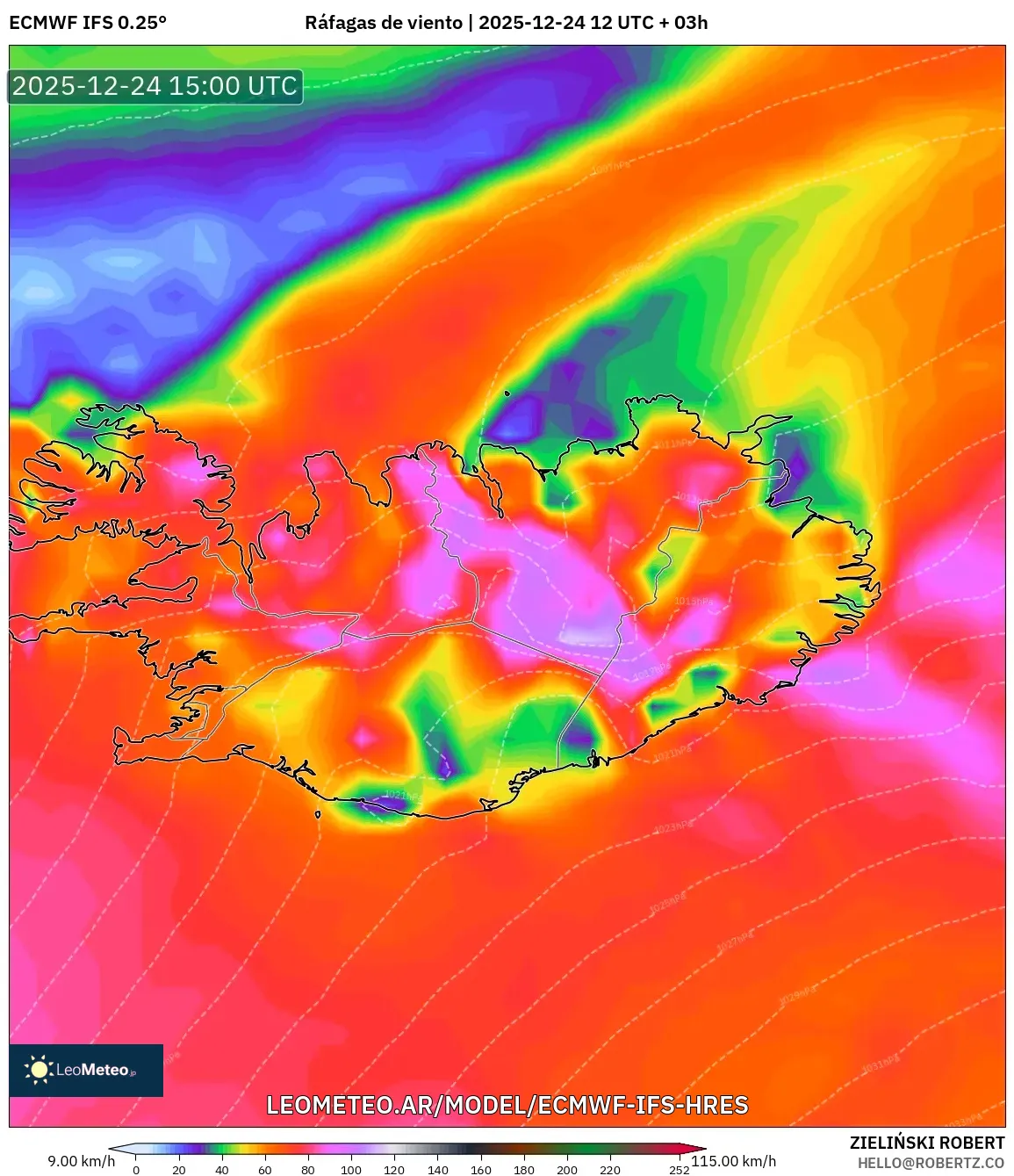 ECMWF IFS 0.25° model - Islandia, Porywy wiatru