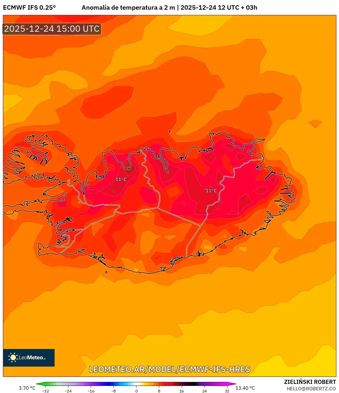 ECMWF IFS 0.25° model - Islandia, Anomalia temperatury na 2 m