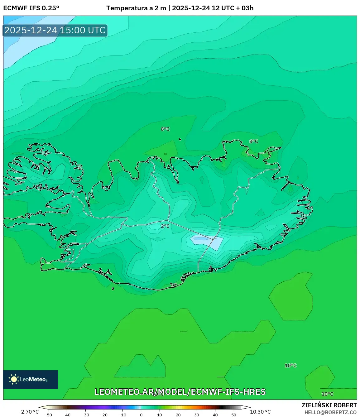 ECMWF IFS 0.25° model - Islandia, Temperatura na 2 m