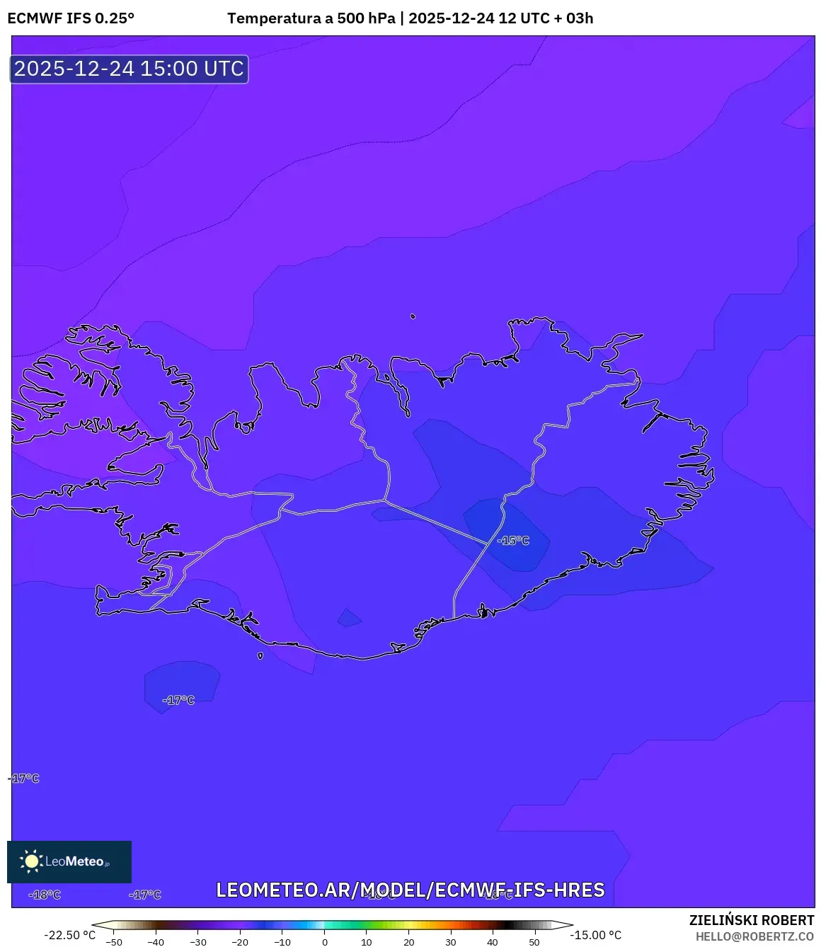 ECMWF IFS 0.25° model - Islandia, Temperatura na 500 hPa
