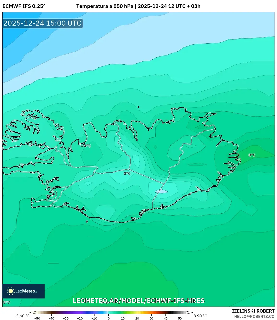 ECMWF IFS 0.25° model - Islandia, Temperatura na 850 hPa