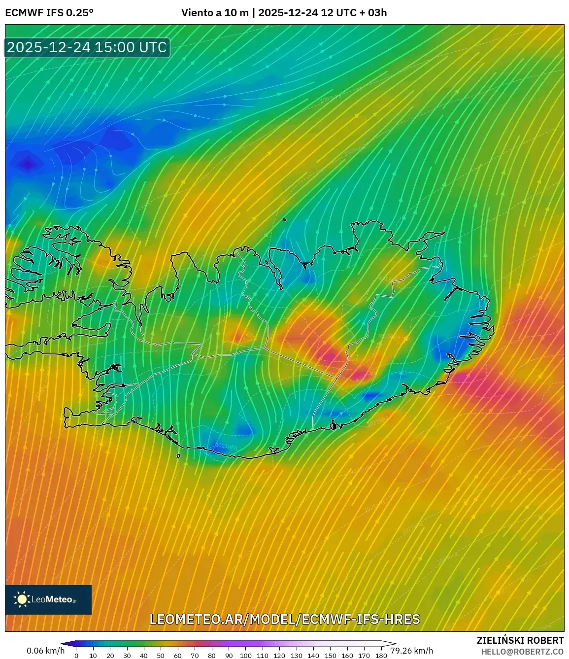 ECMWF IFS 0.25° model - Islandia, Wiatr na 10 m