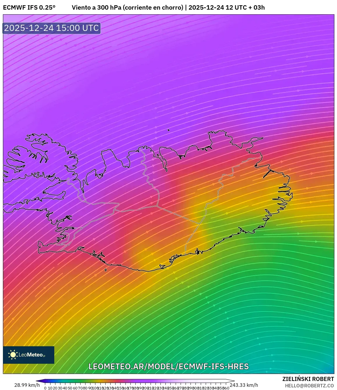 ECMWF IFS 0.25° model - Islandia, Wiatr na 300 hPa (prąd strumieniowy)