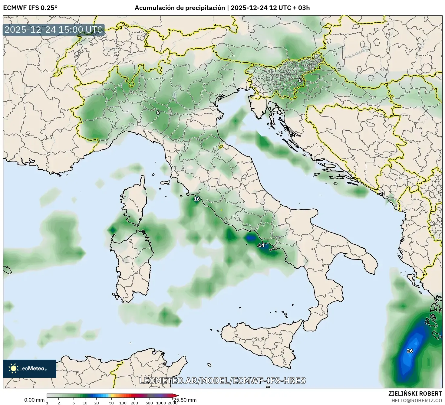 ECMWF IFS 0.25° model - Włochy, Suma opadów