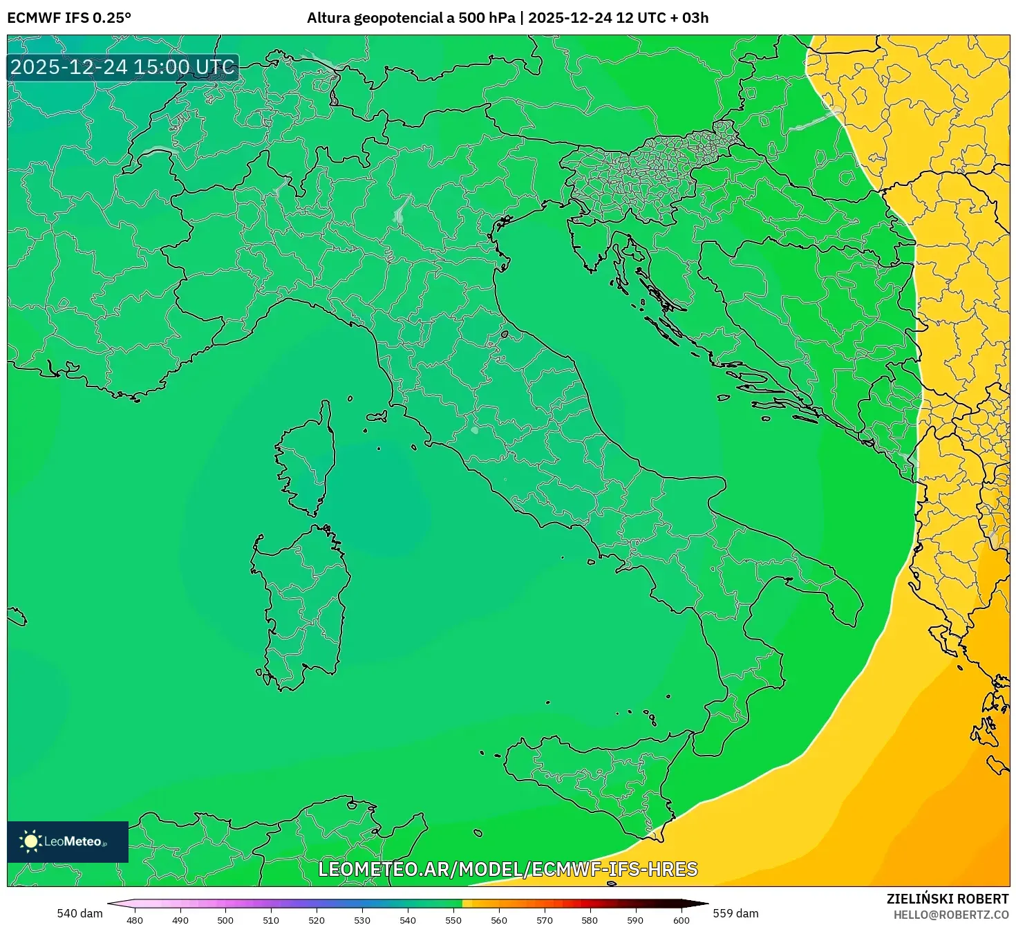 ECMWF IFS 0.25° model - Włochy, Wysokość geopotencjalna na poziomie 500 hPa