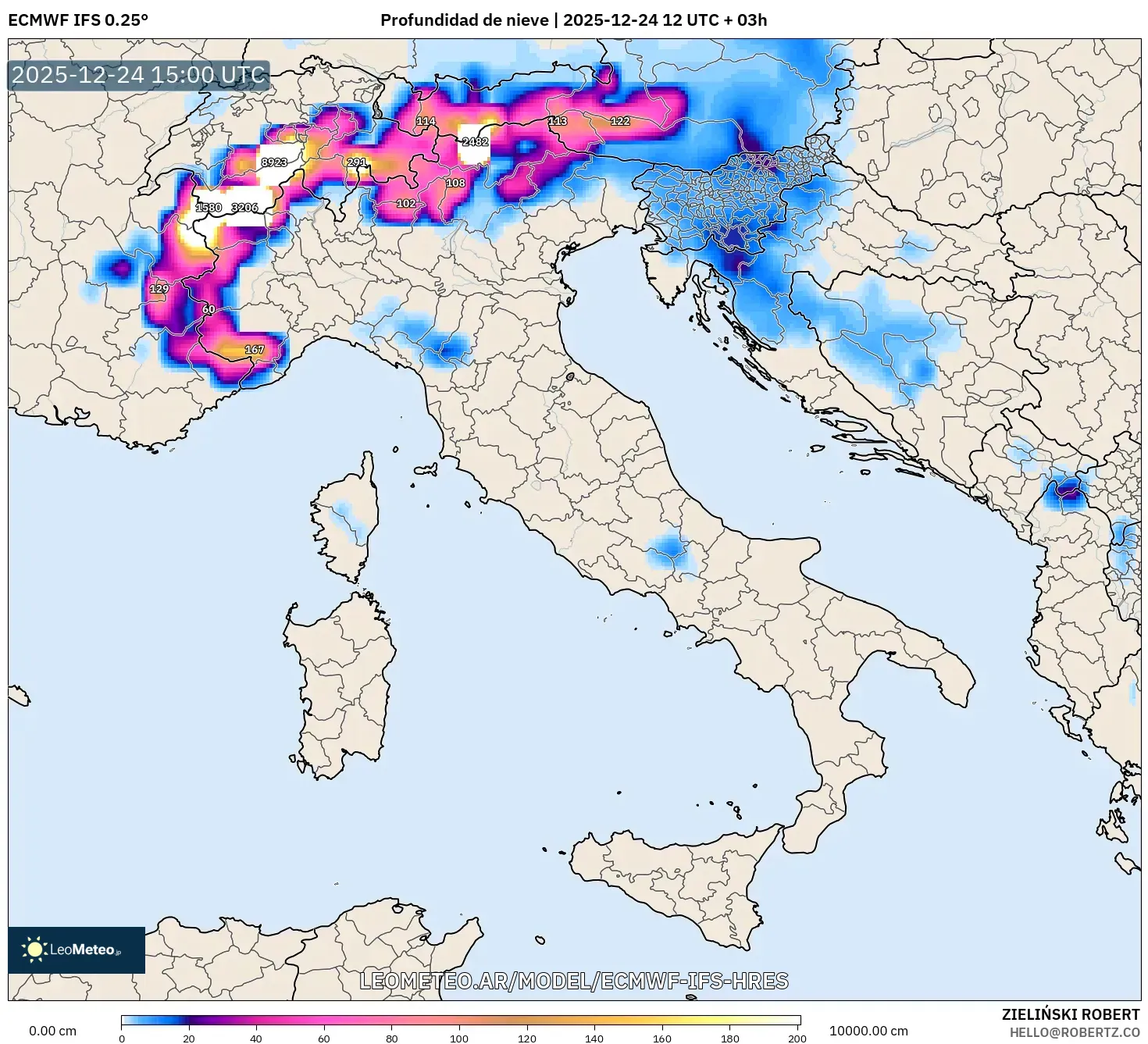 ECMWF IFS 0.25° model - Włochy, Pokrywa śnieżna