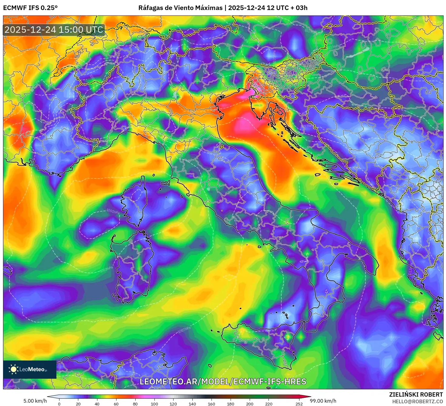 ECMWF IFS 0.25° model - Włochy, Maksymalne Porywy Wiatru