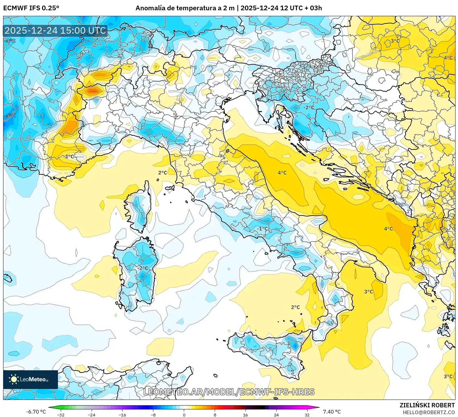 ECMWF IFS 0.25° model - Włochy, Anomalia temperatury na 2 m