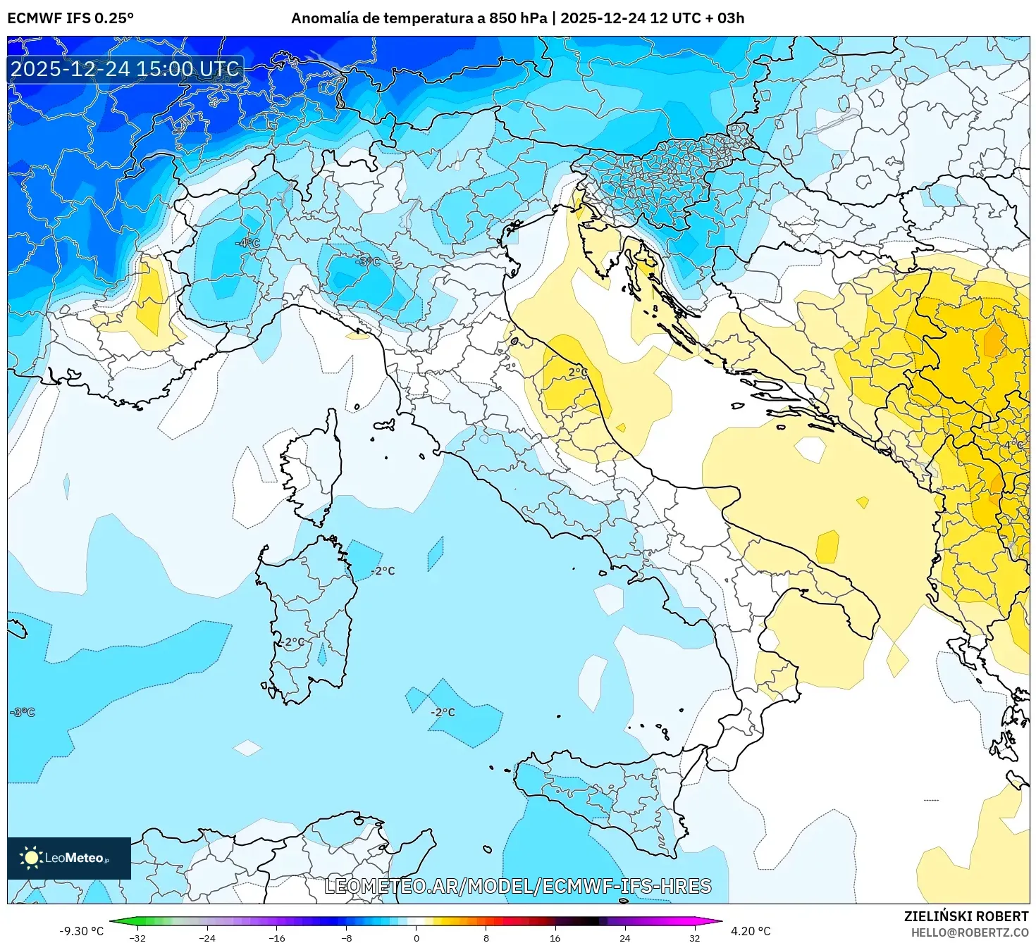 ECMWF IFS 0.25° model - Włochy, Anomalia temperatury na 850 hPa