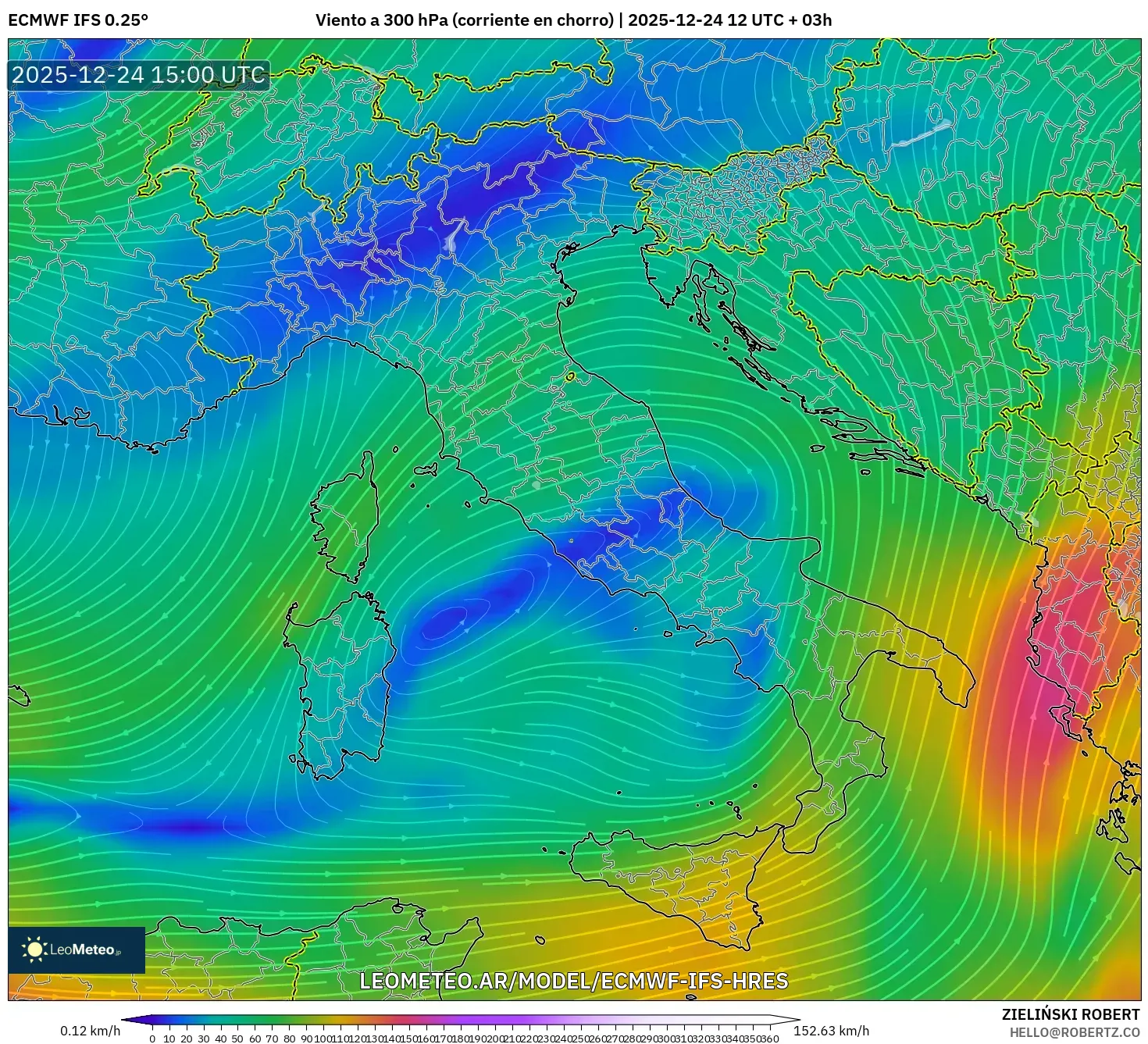 ECMWF IFS 0.25° model - Włochy, Wiatr na 300 hPa (prąd strumieniowy)