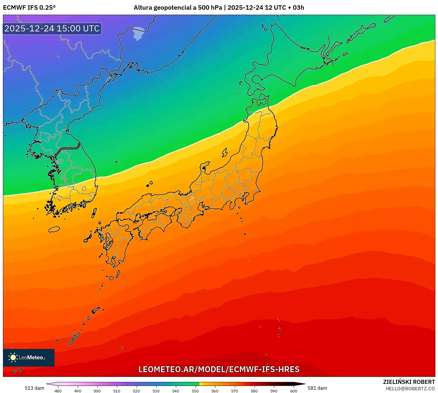 ECMWF IFS 0.25° model - Japonia, Wysokość geopotencjalna na poziomie 500 hPa