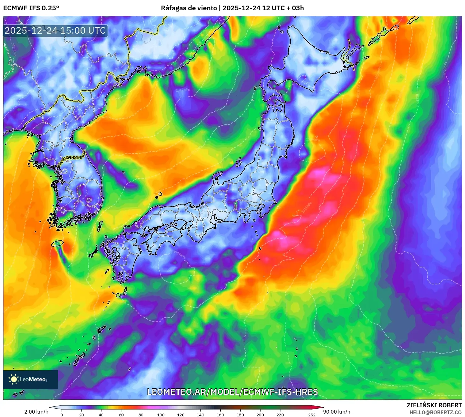 ECMWF IFS 0.25° model - Japonia, Porywy wiatru