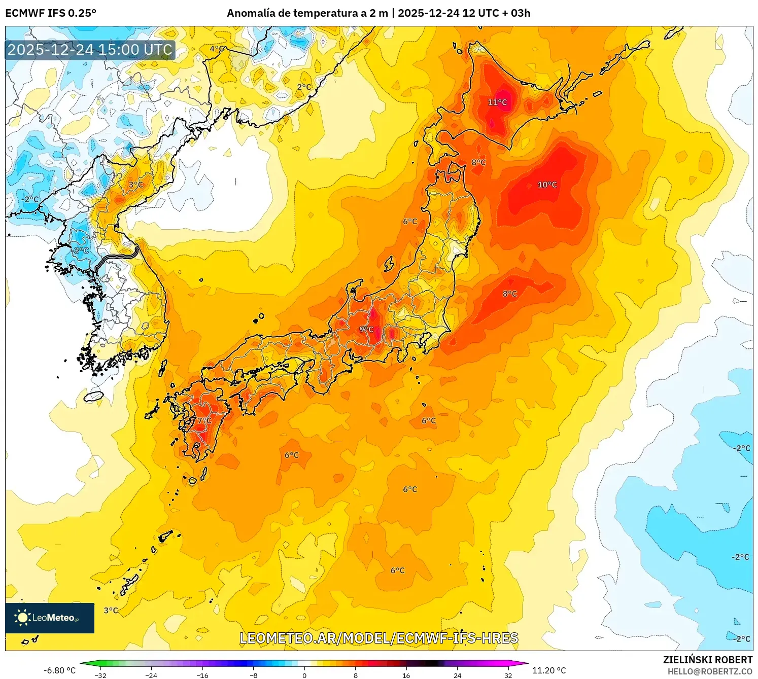 ECMWF IFS 0.25° model - Japonia, Anomalia temperatury na 2 m