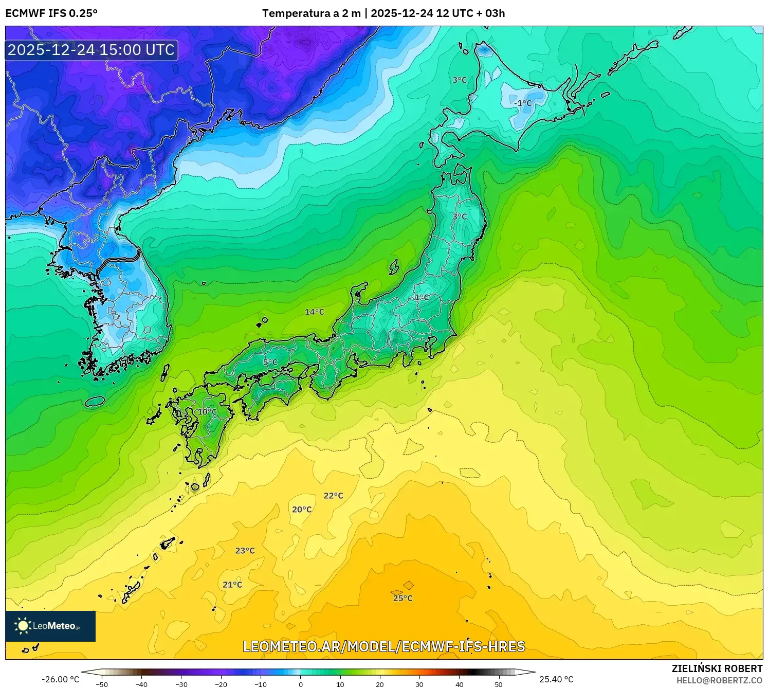 ECMWF IFS 0.25° model - Japonia, Temperatura na 2 m