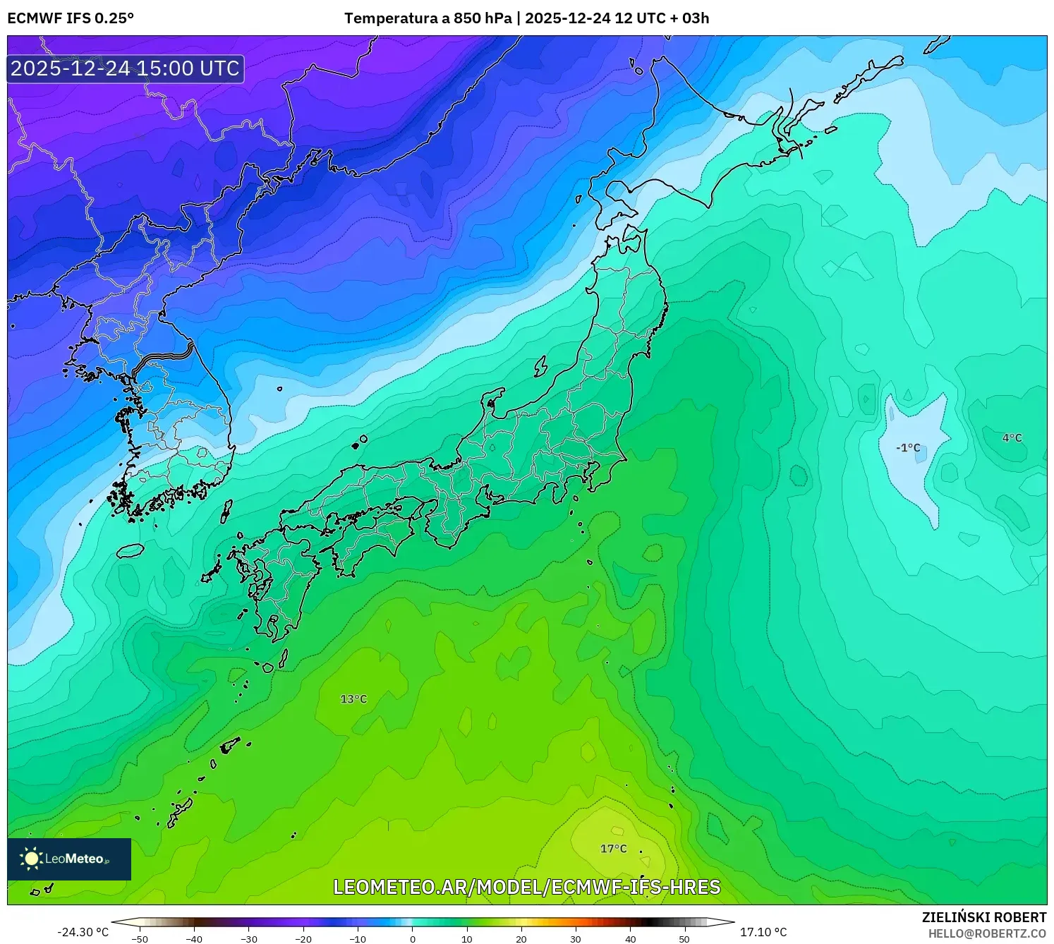 ECMWF IFS 0.25° model - Japonia, Temperatura na 850 hPa
