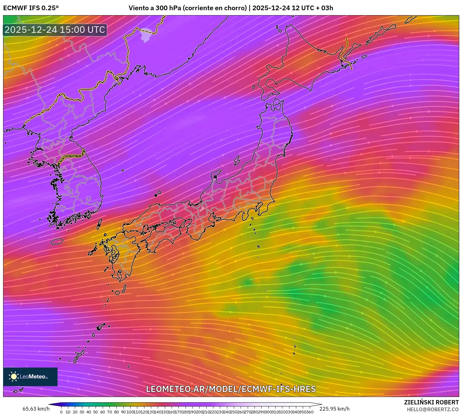 ECMWF IFS 0.25° model - Japonia, Wiatr na 300 hPa (prąd strumieniowy)