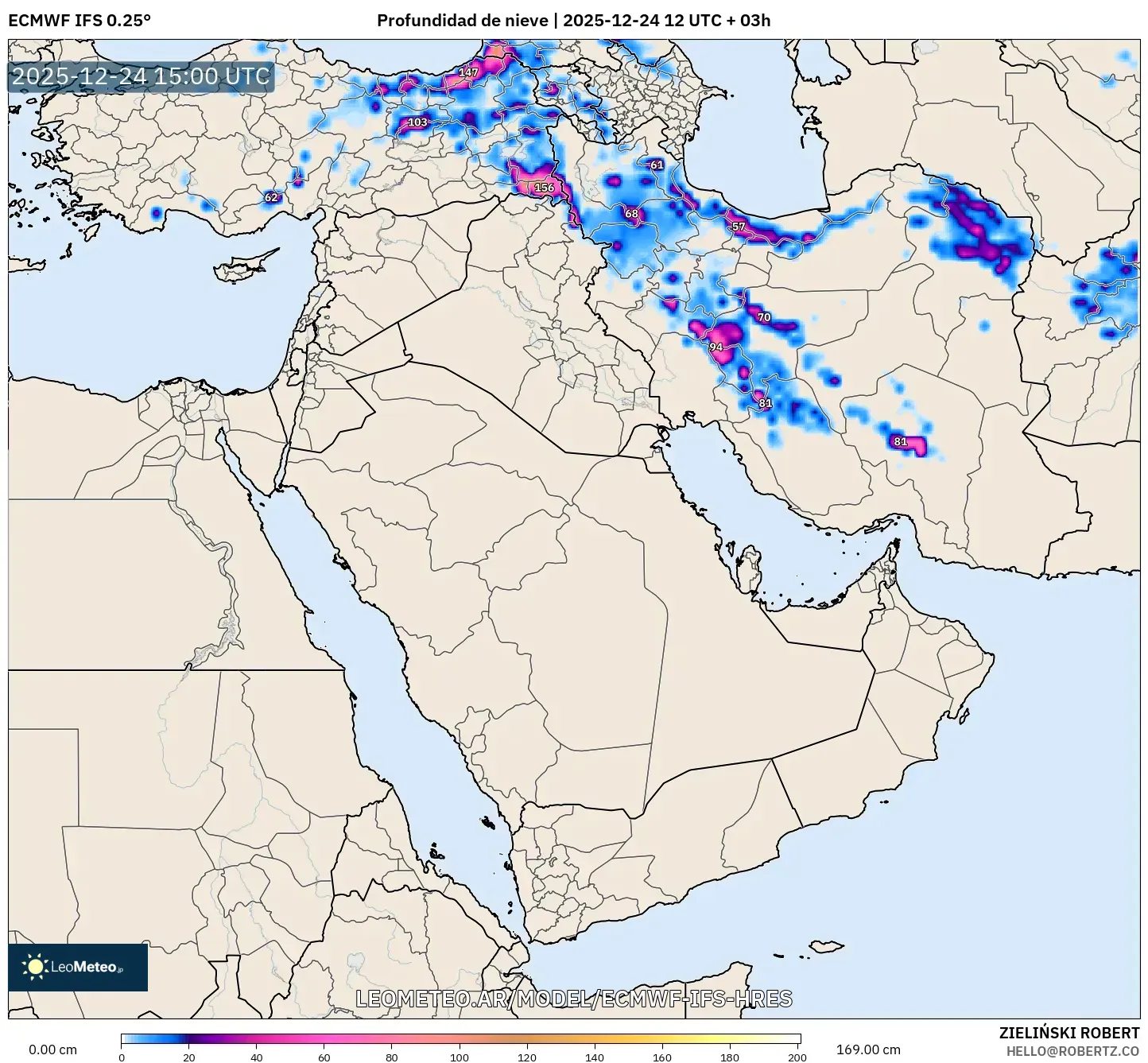 ECMWF IFS 0.25° model - Bliski Wschód, Pokrywa śnieżna