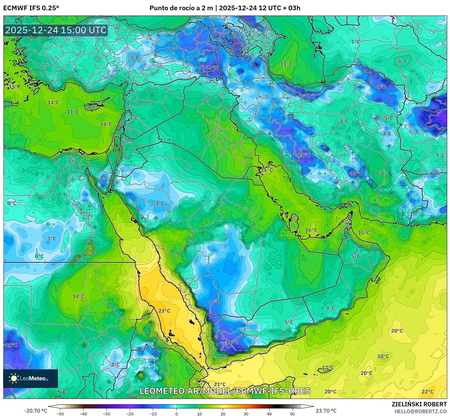 ECMWF IFS 0.25° model - Bliski Wschód, Punkt rosy na 2 m