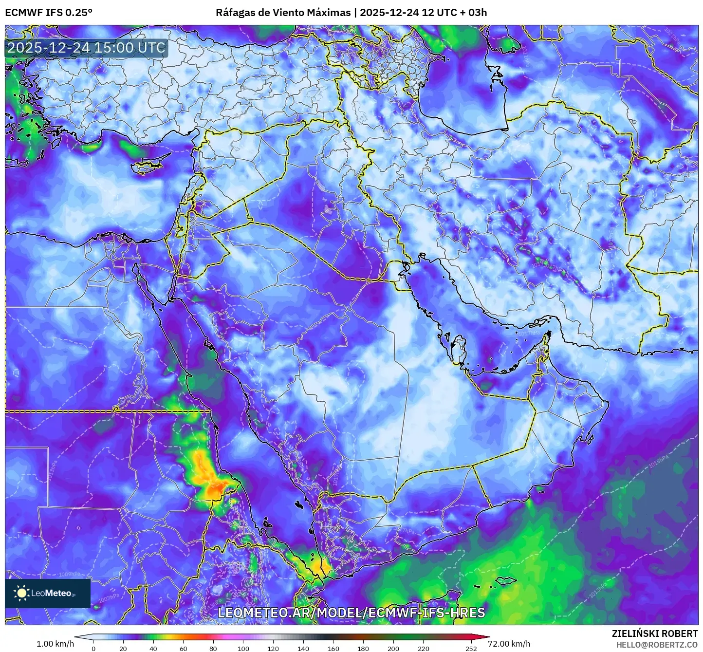 ECMWF IFS 0.25° model - Bliski Wschód, Maksymalne Porywy Wiatru