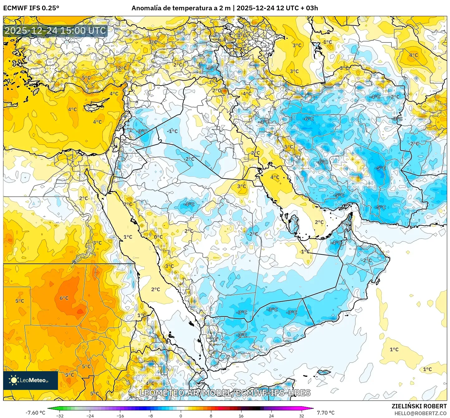 ECMWF IFS 0.25° model - Bliski Wschód, Anomalia temperatury na 2 m