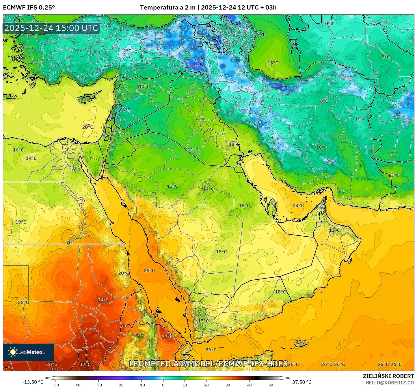 ECMWF IFS 0.25° model - Bliski Wschód, Temperatura na 2 m