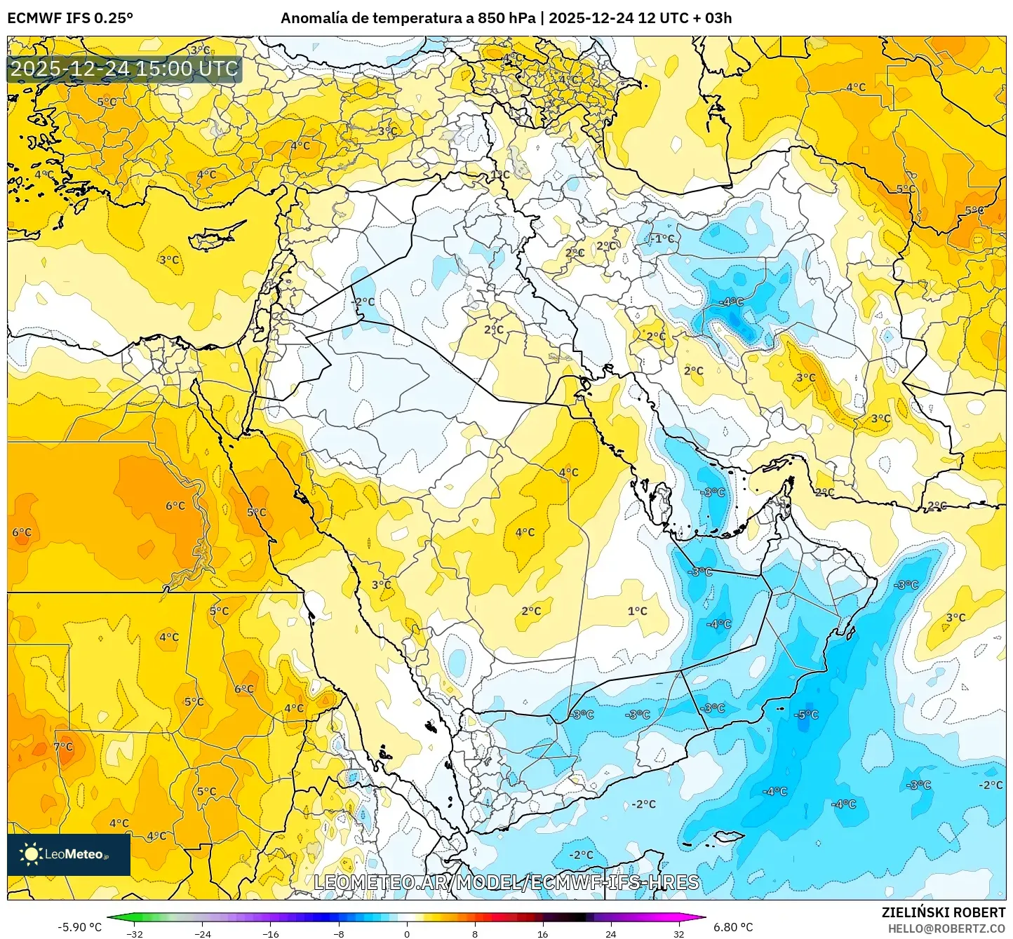 ECMWF IFS 0.25° model - Bliski Wschód, Anomalia temperatury na 850 hPa