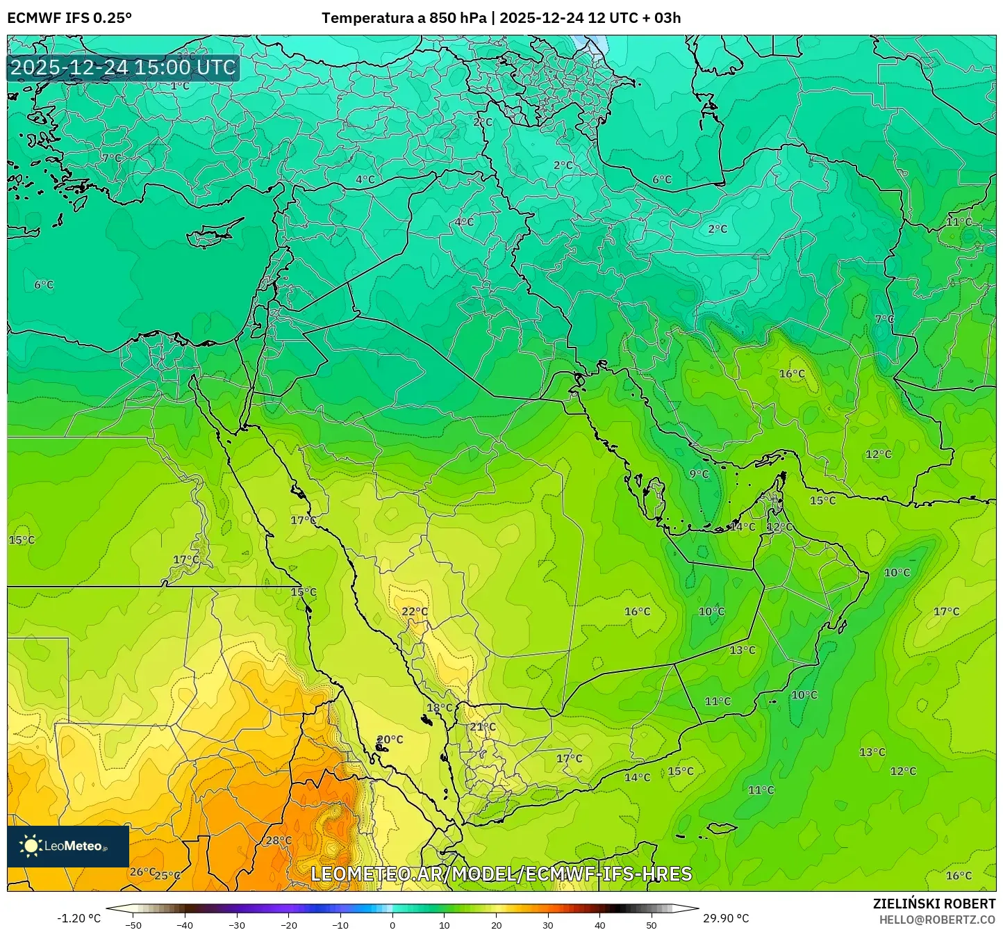 ECMWF IFS 0.25° model - Bliski Wschód, Temperatura na 850 hPa
