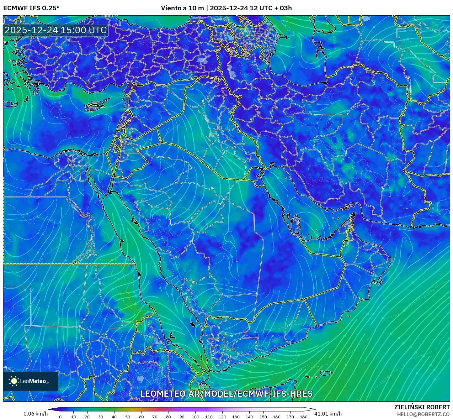 ECMWF IFS 0.25° model - Bliski Wschód, Wiatr na 10 m