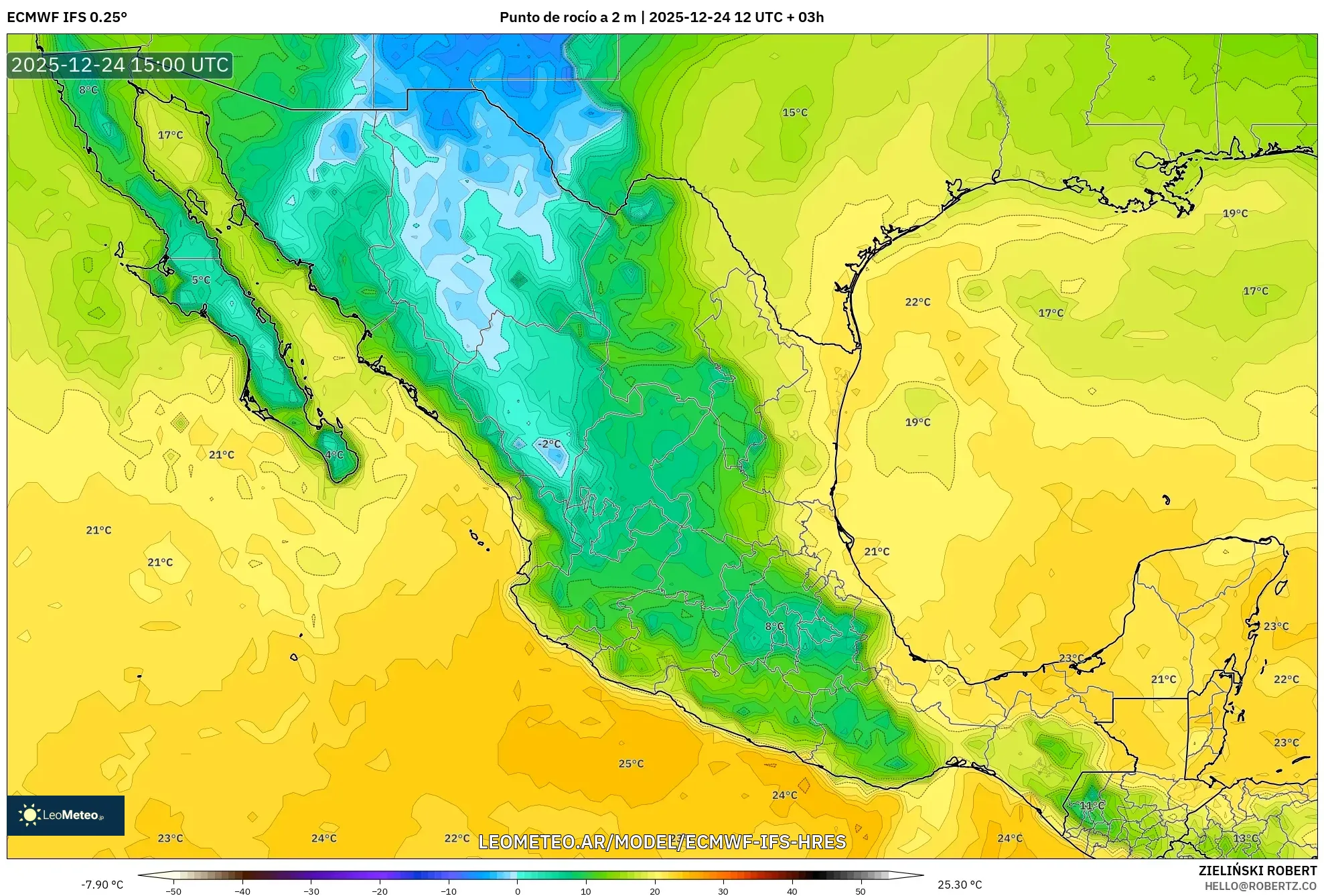ECMWF IFS 0.25° model - Meksyk, Punkt rosy na 2 m