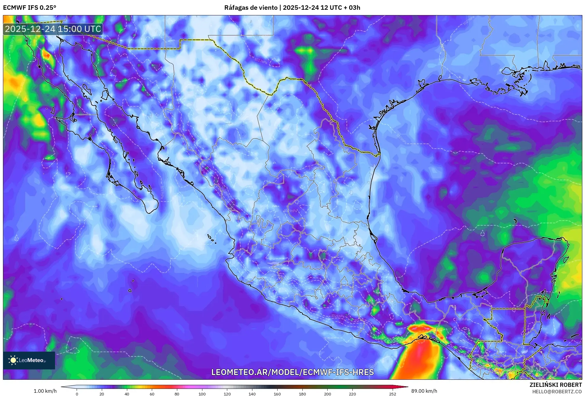 ECMWF IFS 0.25° model - Meksyk, Porywy wiatru