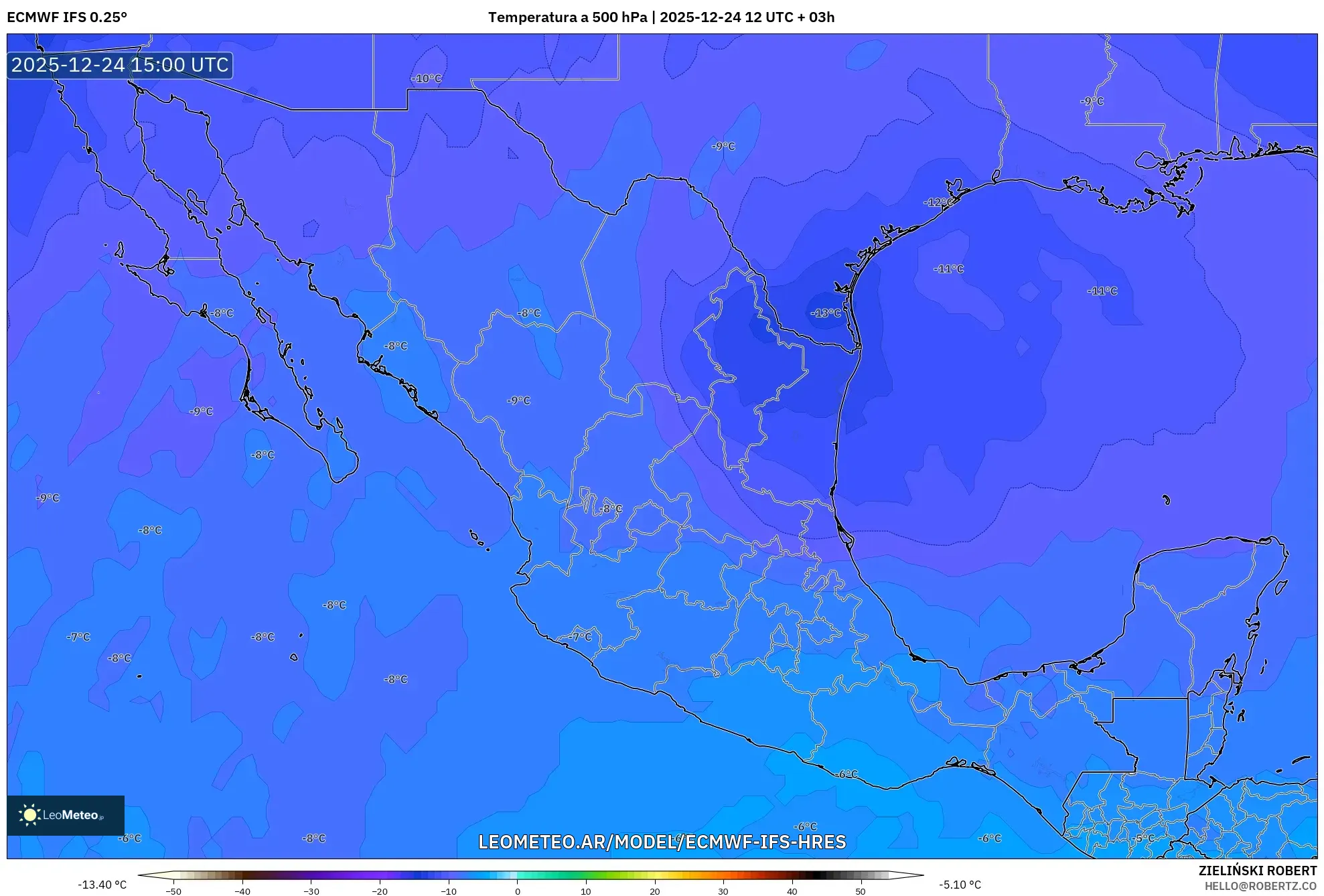 ECMWF IFS 0.25° model - Meksyk, Temperatura na 500 hPa