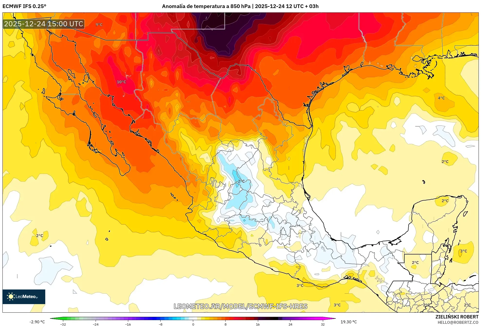 ECMWF IFS 0.25° model - Meksyk, Anomalia temperatury na 850 hPa