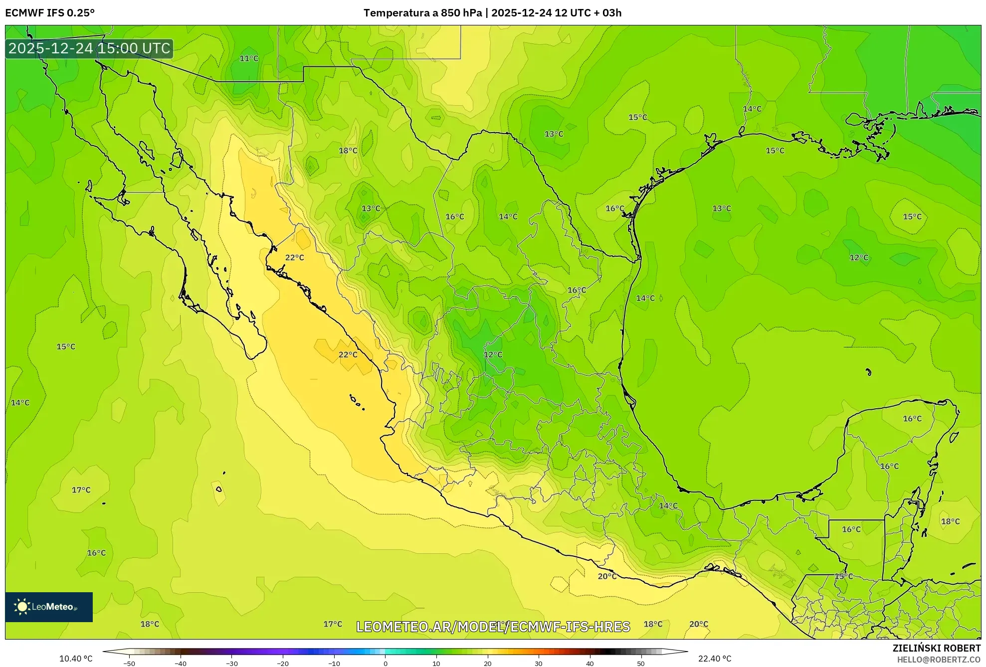 ECMWF IFS 0.25° model - Meksyk, Temperatura na 850 hPa