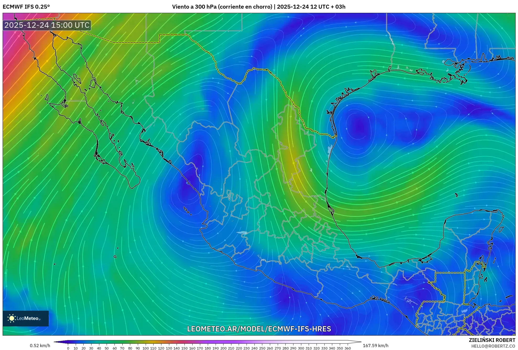 ECMWF IFS 0.25° model - Meksyk, Wiatr na 300 hPa (prąd strumieniowy)