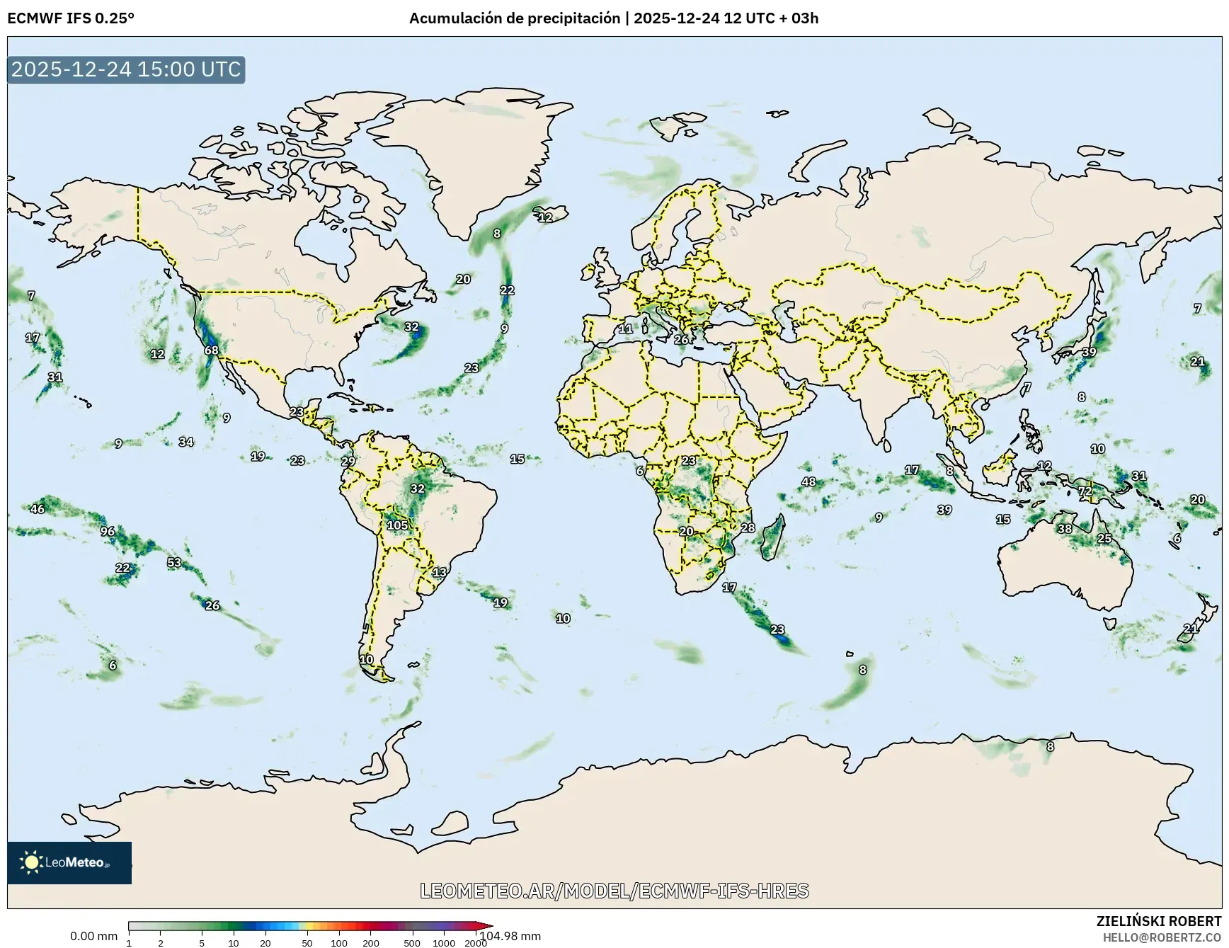 ECMWF IFS 0.25° model - Świat, Suma opadów