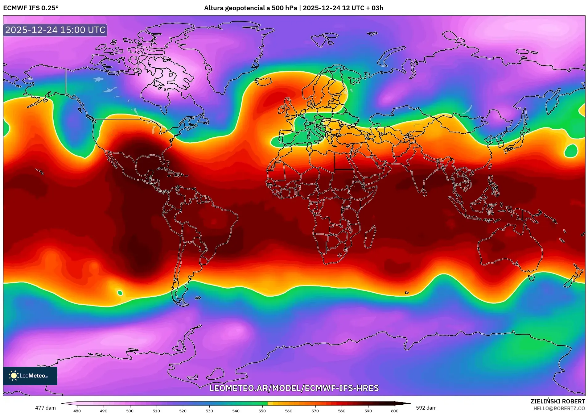 ECMWF IFS 0.25° model - Świat, Wysokość geopotencjalna na poziomie 500 hPa