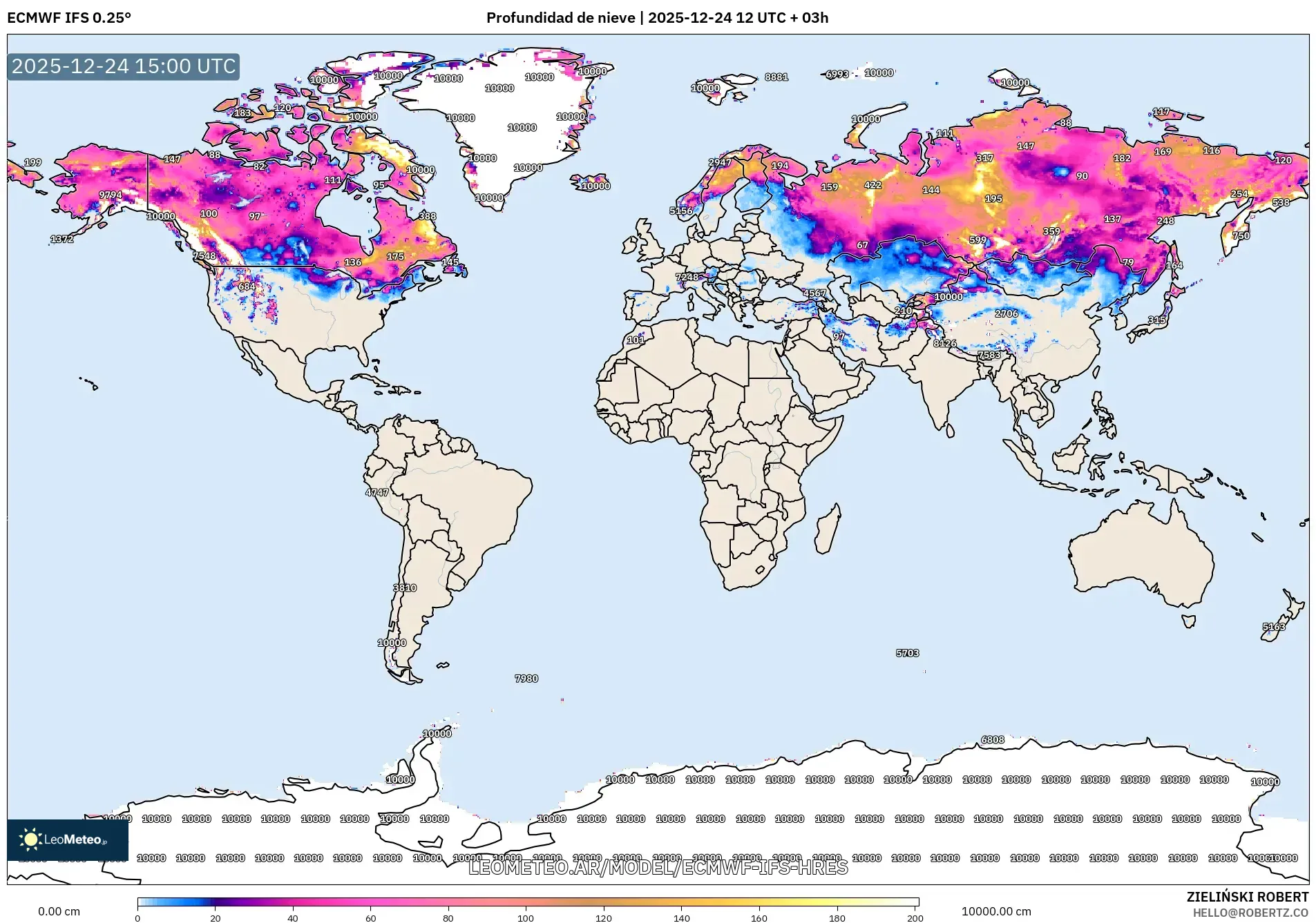 ECMWF IFS 0.25° model - Świat, Pokrywa śnieżna
