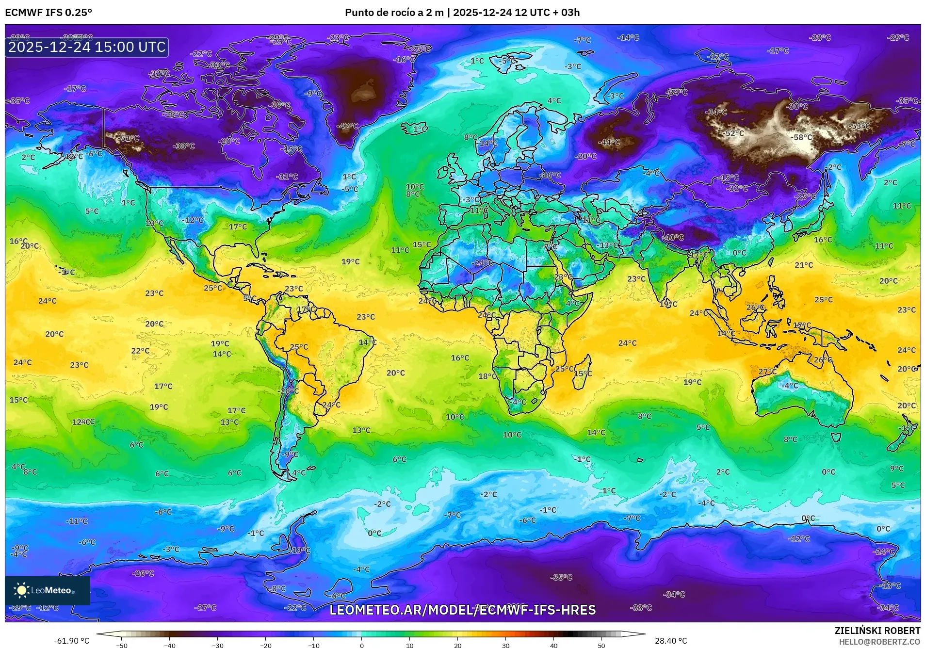 ECMWF IFS 0.25° model - Świat, Punkt rosy na 2 m