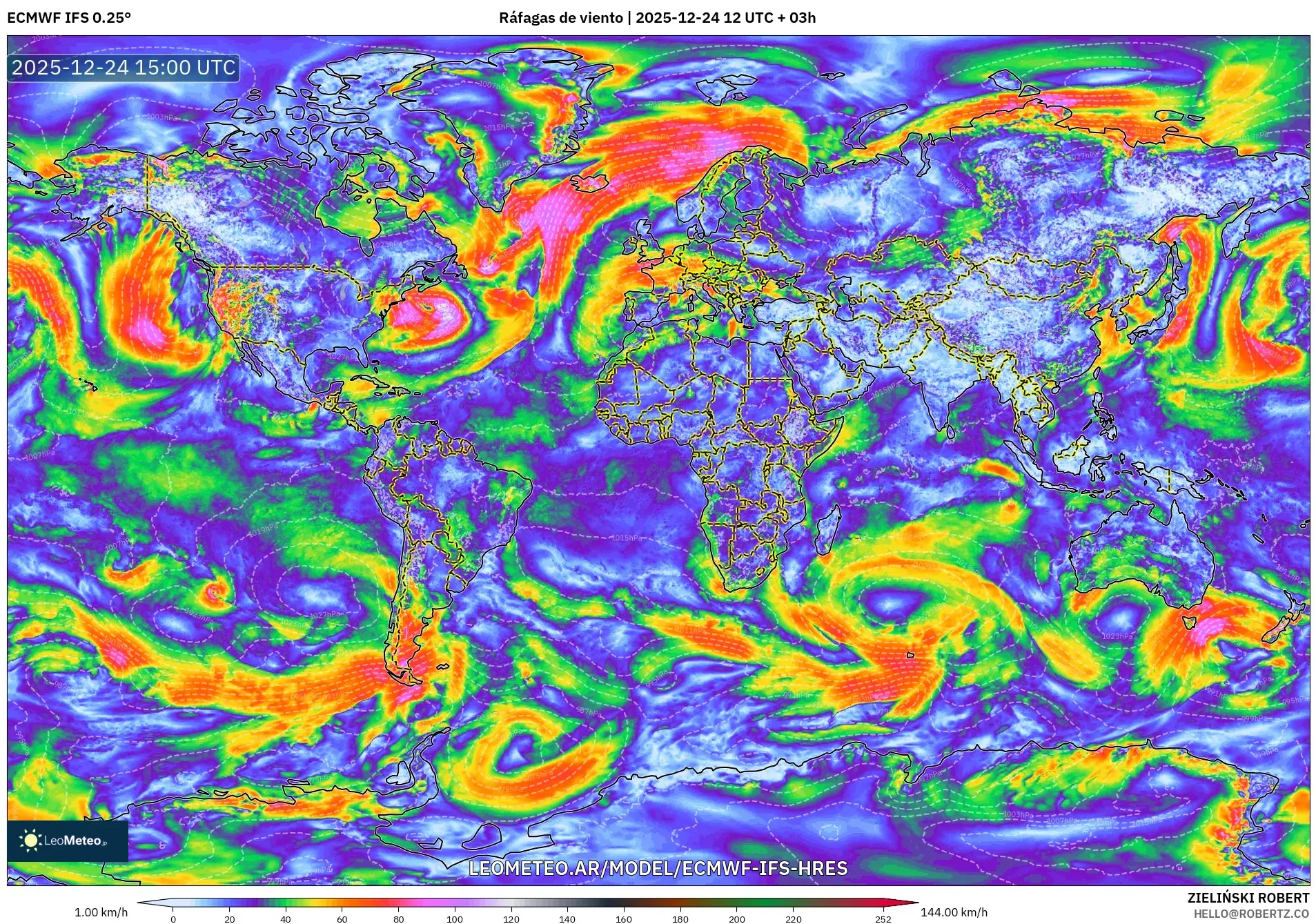 ECMWF IFS 0.25° model - Świat, Porywy wiatru