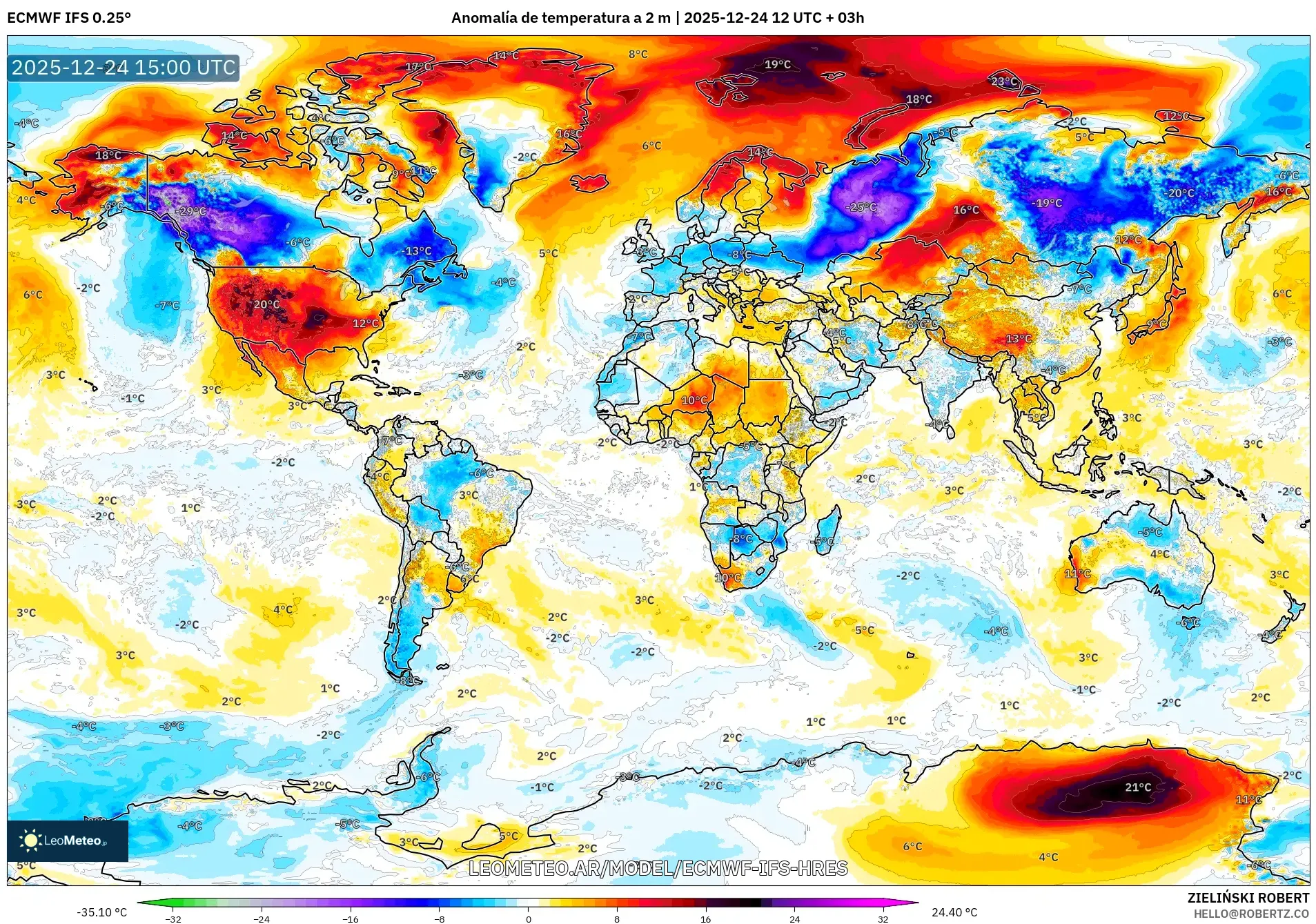 ECMWF IFS 0.25° model - Świat, Anomalia temperatury na 2 m