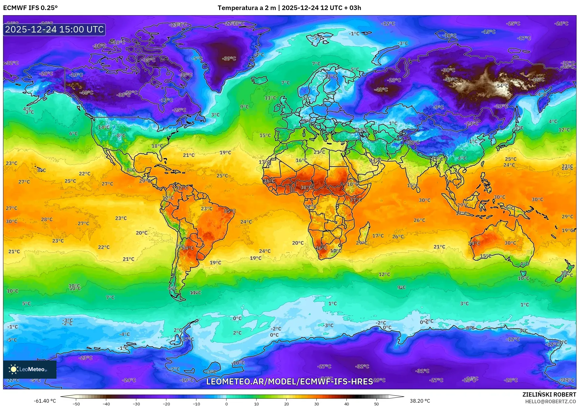 ECMWF IFS 0.25° model - Świat, Temperatura na 2 m