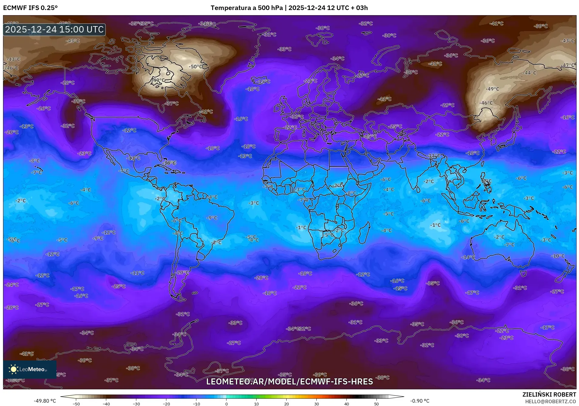 ECMWF IFS 0.25° model - Świat, Temperatura na 500 hPa