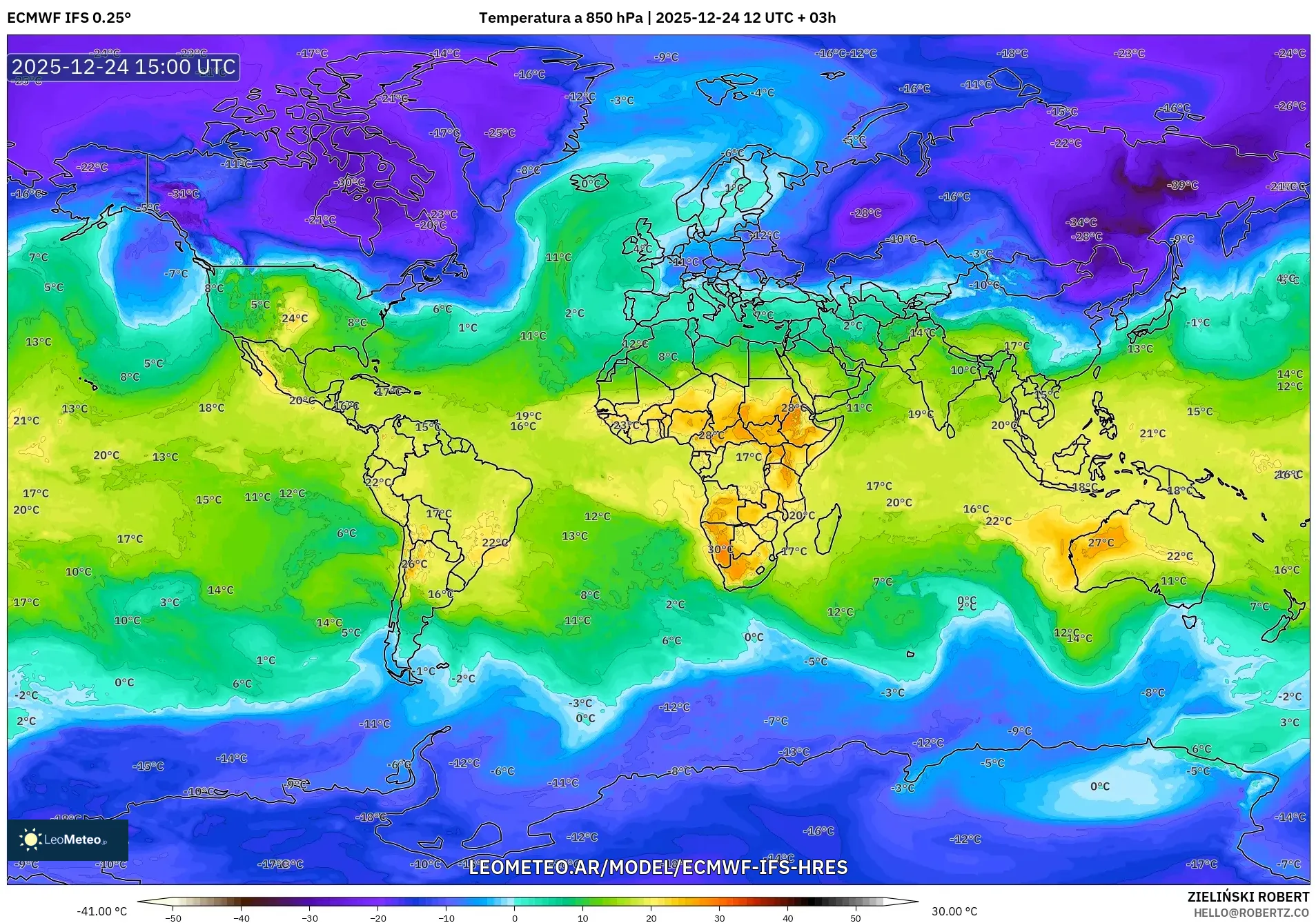 ECMWF IFS 0.25° model - Świat, Temperatura na 850 hPa