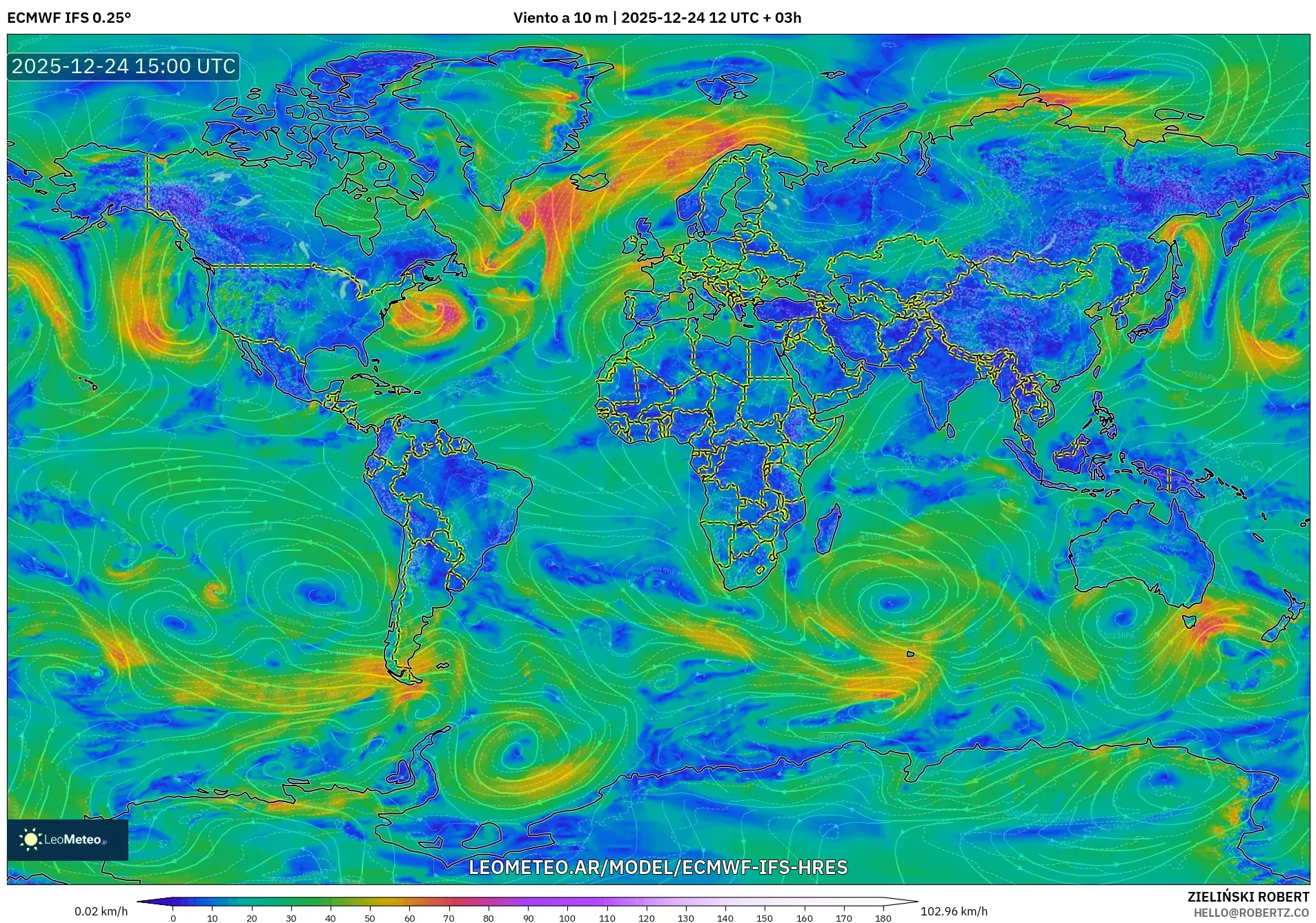 ECMWF IFS 0.25° model - Świat, Wiatr na 10 m
