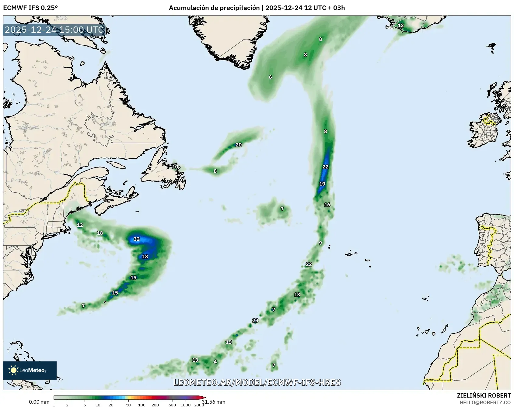 ECMWF IFS 0.25° model - Atlantyk Północny, Suma opadów